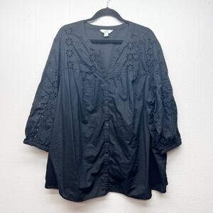 Croft & Barrow Top Women 3X 100% Cotton Eyelet Button Front Breathable Dark Boho